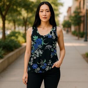 Ann Taylor Sleeveless Top, Black with Blue and Green Floral, XS